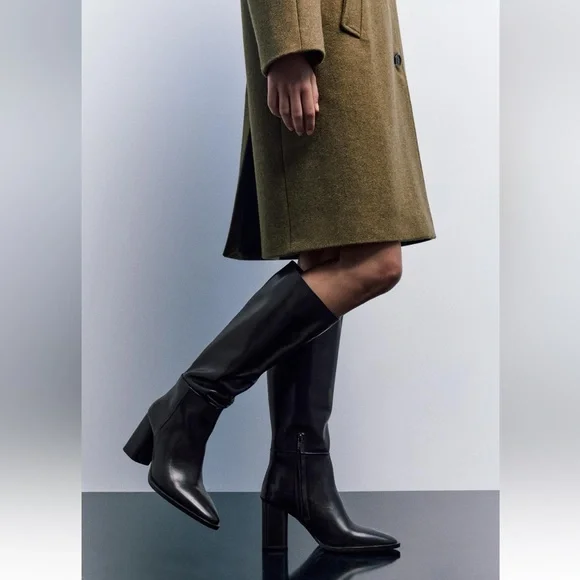 Zara | Shoes | Zara Block Heel Leather Boots Round Toe New
